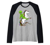 Alieno Spaziale cavalcando Unicorno Divertenti Alieni Maglia con Maniche Raglan