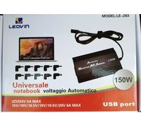 ALIMENTATORE 150W NOTEBOOK PC UNIVERSALE AUTOMATICO CON 10 SPINOTTI porta USB