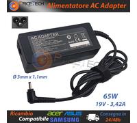 Alimentatore AC Adapter per ASUS ACER SAMSUNG 65W 19V 3,42A Plug 3mm x 1,1mm