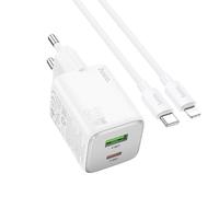 ALIMENTATORE CARICABATTERIE DI RETE USB-A + TYPE-C + CAVO QC DA TYPE-C A LIGHTNI
