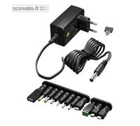 goobay 64571 Alimentatore universale 3 V - 12 V, max 7,2 W/DC adattatore di ricambio per TV, PC, router, striscia LED/Tensione variabile/USB C, USB A, Micro USB/Incl. 11 adattatore/Nero