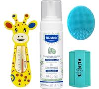 Alimos Spazzola in silicone per bagnetto e pettine a denti fini e termometro da bagno per lavorare con Mustela Cradle Cap Foam Shampoo per neonati 150 ml