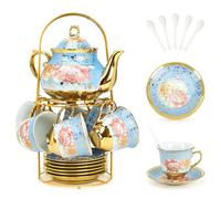 ALIMOTA Set da tè in porcellana da 20 pezzi con supporto e cucchiaio in metallo, set da tè europeo in ceramica per adulti, teiera con piattino e cucchiaio, per 6 persone, confezione regalo (blu)
