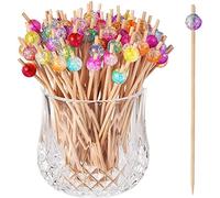 ALINK 200 spiedini da cocktail in legno con perla acrilica colorata da 12 cm, per grigliate, finger food, spiedini di frutta, caramelle e antipasti per feste, regalo di carnevale compleanno