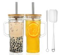 ALINK Bicchieri in vetro a coste da 24 oz con coperchio e cannuccia, 2 bicchieri in vetro con manico, riutilizzabili Mason Jar Boba Smoothie Bicchieri