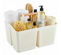 ALINK Cestino da doccia con manico in legno, portatile, in plastica, con 3 scomparti e fori di scarico, per bagno, cucina, dormitorio, bianco