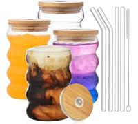 ALINK Plus Size - Bicchieri a costine con coperchio e cannuccia, set da 4 pezzi, 530 ml, bicchieri da caffè ghiacciato, bicchieri da acqua, bicchieri da long drink per cocktail, acqua, soda, regalo