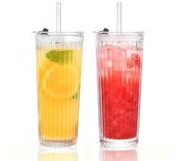 ALINK Set di 2 bicchieri in vetro a coste da 520 ml, con cannuccia e coperchio, bicchieri in vetro, a prova di perdite, riutilizzabili, ideali per caffè freddo, frullati e succhi di frutta