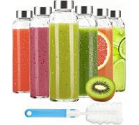 ALINK Set di 6 bottiglie in vetro trasparente per succhi di frutta, con coperchio, riutilizzabili, con tappo ermetico in acciaio inossidabile, contenitori per frigorifero, senza BPA, a prova di