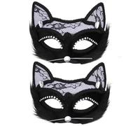 Alipis 2 Pezzi Maschera da Gatto Nera in Pizzo Leggera e Confortevole per Halloween e Matrimoni, Raffinata Maschera Veneziana con Dettagli di Pietre e Piume