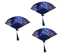 Alipis 3 Pezzi Ventaglio Pieghevole Ventagli Pieghevoli Decorativi per Presa Annata Floreale Mano UV Tenuto Palmare Signore Rosa Intrecciata Naturale USB bambù e Seta Blue