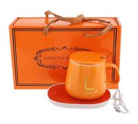 Alipis Set 1 Scaldatazze Elettrico in Ceramica Arancia con Coperchio e Cucchiaino, Funzione Antiscaldamento e Mantenimento Temperatura, per Scrivania e Regalo Compleanno