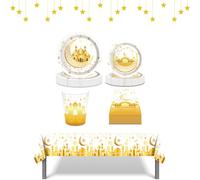 Ali's Creationz Decorazioni Eid per la casa, set di stoviglie Eid, piatti, tazze, tovaglioli Eid, tovaglia, set di stoviglie Ramadan, decorazioni Ramadan - Oro e bianco