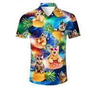 ALISISTER Camicia Hawaiana con Gatto Ananas Uomo Camicia Hawaiana Tropicale con Bottoni Camicia Hawaiana a Maniche Corte Camicette Aloha XXL