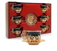 Alisveristime Set di 12 tazzine da caffè greco arabo, con piattino, in porcellana, colore: nero e oro