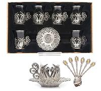 Alisveristime Set di 6 bicchieri e cucchiaini realizzati a mano, con acqua di tè turco, in zamzam, colore: argento