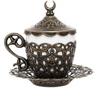 Alisveristime Tazza da caffè turco, design tradizionale con motivo a mezzaluna, tazza in porcellana e piattino per caffè turco, greco, arabo ed espresso (Gelincik) (verde antico)