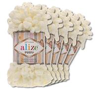 Alize - 5 gomitoli di lana di ciniglia Puffy da 100 g per uncinetto e lavoro a maglia senza strumenti per vestiti, accessori, coperte, tappeti, 62, colore crema chiaro