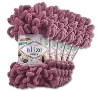 Alize - 5 gomitoli di lana di ciniglia Puffy da 100 g per uncinetto e lavoro a maglia senza strumenti per vestiti, accessori, coperte, tappeti, 28, colore malva