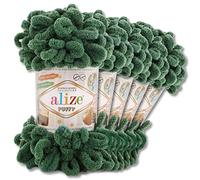 Alize - 5 gomitoli di lana di ciniglia Puffy da 100 g per uncinetto e lavoro a maglia senza strumenti per vestiti, accessori, coperte, tappeti, 532, colore verde abete