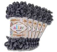 Alize - 5 gomitoli di lana di ciniglia Puffy da 100 g per uncinetto e lavoro a maglia senza strumenti per vestiti, accessori, coperte, tappeti, 87, colore grigio scuro