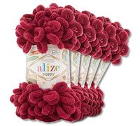 Alize - 5 gomitoli di lana di ciniglia Puffy da 100 g per uncinetto e lavoro a maglia senza strumenti per vestiti, accessori, coperte, tappeti, 107, colore bordeaux