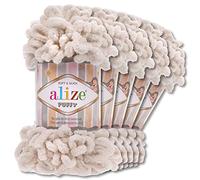Alize - 5 gomitoli di lana di ciniglia Puffy da 100 g per uncinetto e lavoro a maglia senza strumenti per vestiti, accessori, coperte, tappeti, 599, colore osso