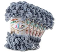 Alize - 5 gomitoli di lana di ciniglia Puffy da 100 g per uncinetto e lavoro a maglia senza strumenti per vestiti, accessori, coperte, tappeti, 428, colore grigio