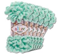 Alize - 5 gomitoli di lana di ciniglia Puffy da 100 g per uncinetto e lavoro a maglia senza strumenti per vestiti, accessori, coperte, tappeti, 19, colore verde chiaro