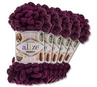 Alize - 5 gomitoli di lana di ciniglia Puffy da 100 g per uncinetto e lavoro a maglia senza strumenti per vestiti, accessori, coperte, tappeti, 111, colore prugna