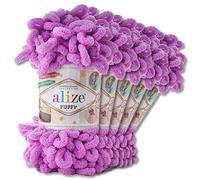 Alize - 5 gomitoli di lana di ciniglia Puffy da 100 g per uncinetto e lavoro a maglia senza strumenti per vestiti, accessori, coperte, tappeti, 378, colore orchidea