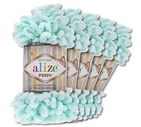 Alize - 5 gomitoli di lana di ciniglia Puffy da 100 g per uncinetto e lavoro a maglia senza strumenti per vestiti, accessori, coperte, tappeti, 15, colore menta