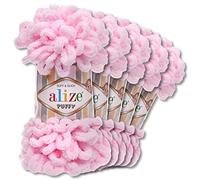 Alize - 5 gomitoli di lana di ciniglia Puffy da 100 g per uncinetto e lavoro a maglia senza strumenti per vestiti, accessori, coperte, tappeti, 31, colore rosa bebè