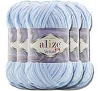 Alize - 5 gomitoli di lana turca “Velluto” effetto ciniglia morbida per bambini, da 100 g, gomitolo XXL per creare amigurumi (celeste 218)