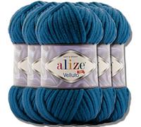 Alize - 5 gomitoli di lana turca “Velluto” effetto ciniglia morbida per bambini, da 100 g, gomitolo XXL per creare amigurumi (blu Mykonos 646)