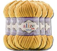 Alize - 5 gomitoli di lana turca “Velluto” effetto ciniglia morbida per bambini, da 100 g, gomitolo XXL per creare amigurumi (senape 2)