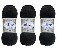 Alize Diva Filato a mano 100% Microfibra Acrilica Filato Alize Diva Effetto Seta Crochet Artigianato Pizzo Artigianato Lotto di 3 matasse 300 gr Colore 60 - Nero