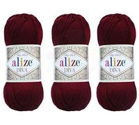 Alize Diva Filato a mano 100% Microfibra Acrilica Filato Alize Diva Effetto Seta Crochet Artigianato Pizzo Artigianato Lotto di 3 matasse 300 gr Colore 57 - Bordeaux