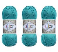 Alize Diva Filato a mano 100% Microfibra Acrilica Filato Alize Diva Effetto Seta Crochet Artigianato Pizzo Artigianato Lotto di 3 matasse 300 gr Colore 376 - Ciano