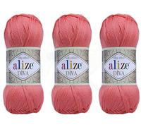 Alize Diva Filato a mano 100% Microfibra Acrilica Filato Alize Diva Effetto Seta Crochet Artigianato Pizzo Artigianato Lotto di 3 matasse 300 gr Colore 619 - Corallo