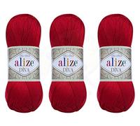 Alize Diva Filato a mano 100% Microfibra Acrilica Filato Alize Diva Effetto Seta Crochet Artigianato Pizzo Artigianato Lotto di 3 matasse 300 gr Colore 106 - Rosso.