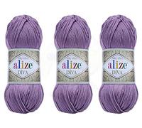 Alize Diva Filato a mano 100% Microfibra Acrilica Filato Alize Diva Effetto Seta Crochet Artigianato Pizzo Artigianato Lotto di 3 matasse 300 gr Colore 622 - Viola