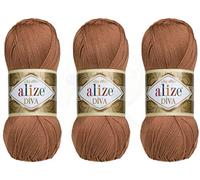 Alize Diva Filato a mano 100% Microfibra Acrilica Filato Alize Diva Effetto Seta Crochet Artigianato Pizzo Artigianato Lotto di 3 matasse 300 gr Colore 261 - Rosso Marrone