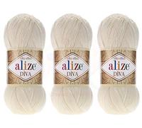 Alize Diva Filato a mano 100% Microfibra Acrilica Filato Alize Diva Effetto Seta Crochet Artigianato Pizzo Artigianato Lotto di 3 matasse 300 gr Colore 62 - crema chiaro.