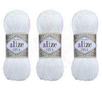 Alize Diva Filato per lavori a maglia, 100% microfibra acrilico, filato Alize Diva effetto seta, filo per uncinetto, pizzo, artigianato, lotto di 3 matasse da 400 g, 1300 m colore (55 - bianco)
