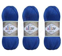 Alize Diva Filato per maglieria a mano 100% microfibra acrilico filato Alize Diva effetto seta uncinetto Art Lace Craft Lotto di 3 matasse 400gr colore 1314yds (132 - blu reale)