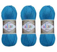 Alize Diva - Matassa di filato in microfibra acrilica 100% per lavori a maglia a mano, filo per uncinetto per arte in pizzo, effetto seta, lotto di 3 matasse da 400 g, 1200 m (colore 245 - Blu Sochi)