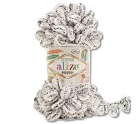 Alize - Gomitolo di lana Puffy da 100 g, 62 colori assortiti, per lavorare a maglia e uncinetto senza attrezzi (686 | Leopardo di neve)
