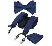 Alizeal Mens regolabile regolabile Paisley floreale Paisley auto-legata Bow Tie, Pocket Square e Elastic Y Shape 6 Clips Braces Set, Navy