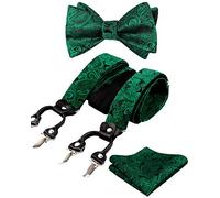 Alizeal Mens regolabile regolabile Paisley floreale Paisley auto-legata Bow Tie, Pocket Square e Elastic Y Shape 6 Clips Braces Set, verde scuro